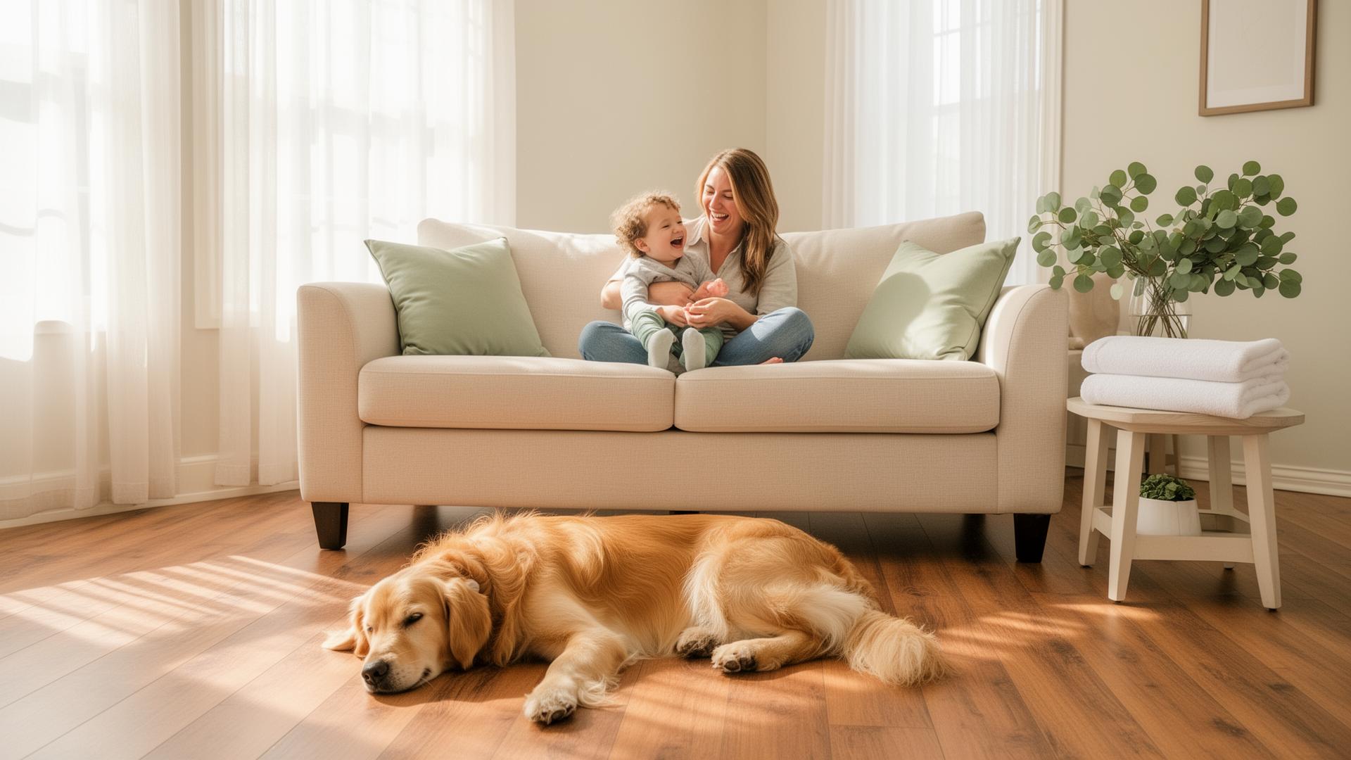 Bright airy living room with mother, child and golden retriever